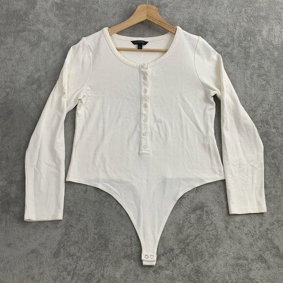 Banana Republic Shirt Womens L Bodysuit Stretch Crewneck Henley Thong White - Picture 1 of 11